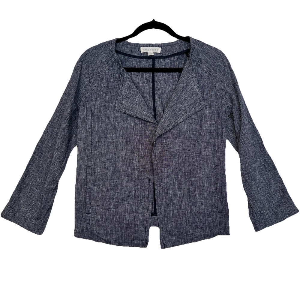 TRENERY Size 6 Jacket Blazer Pockets Blue Linen Cotton Blend Open Front Belt